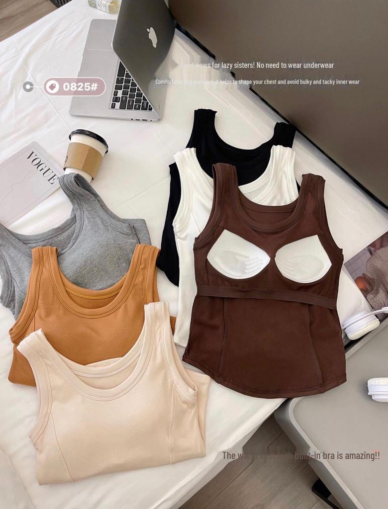 2024 Women's Pure Cotton Brushed Sleeveless Vest with Chest Pads - Slimming and Warm