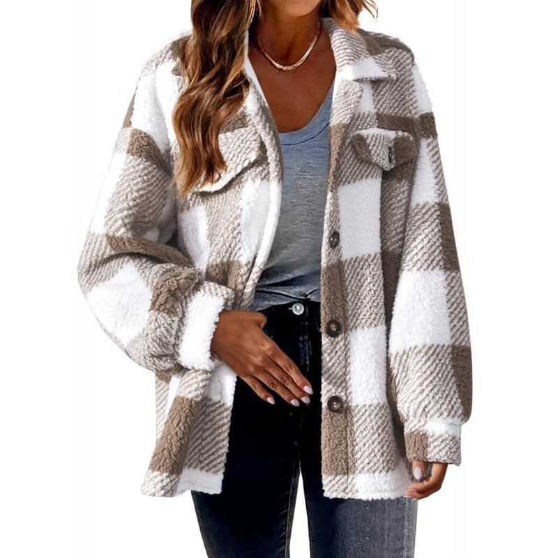 Cross-border women's clothing 2023 new Amazon autumn and winter with pocket plaid lamb wool jacket button plush jacket