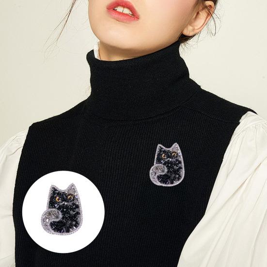 Women Brooch Sparkling Faux Crystal Decor Two-color Black Cat Design Lapel Pin Sweater Scarf Holder Jewelry Accessories