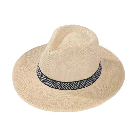 Men Summer Fisherman Hat Hollow Straw Weaving Full Face Sun Protection Wide Brim Western Cowboy Hat with Black Ribbon Decor Foldable Beach Hat