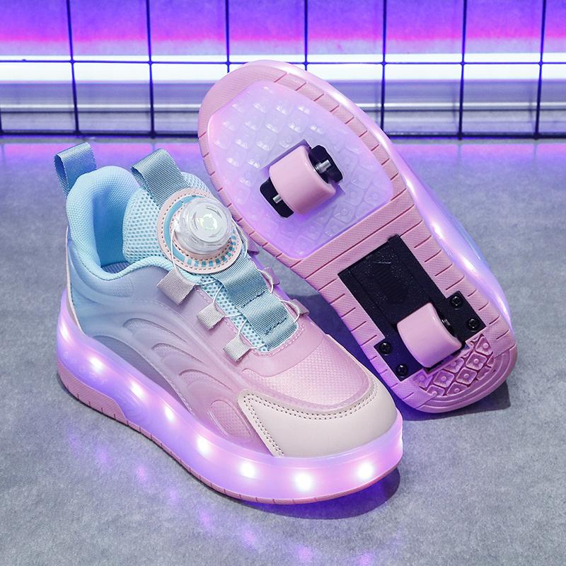 29-38 Children's Plus Size Fashionable Two Wheel Disassembly Into Flat Sports Shoes LED Illuminated Sports Shoes Ice Skates