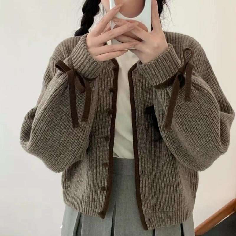Autumn New Sweet Bow Long Sleeve Casual Sweater Coat Women Winter Solid V Neck Knitted Cardigan Sweaters Women Elegant Slim Knitwear Cardigans 25232