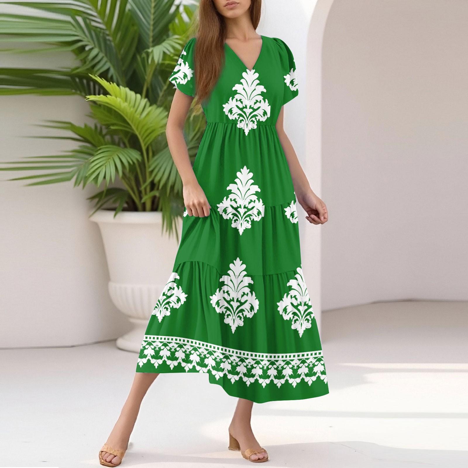 

Ladies Summer Casual Fashion V-Neck Ruffle Sleeve Floral Print Midi Dress M