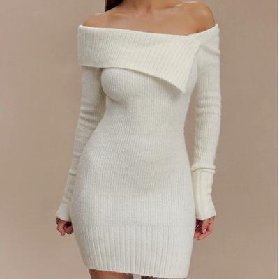 Women's Off Shoulder Folded Neck Long Sleeves Bodycon Mini Dress Elegant Ribbed Knit Short Party Dresses Spring Fall Sweater Dress for Women