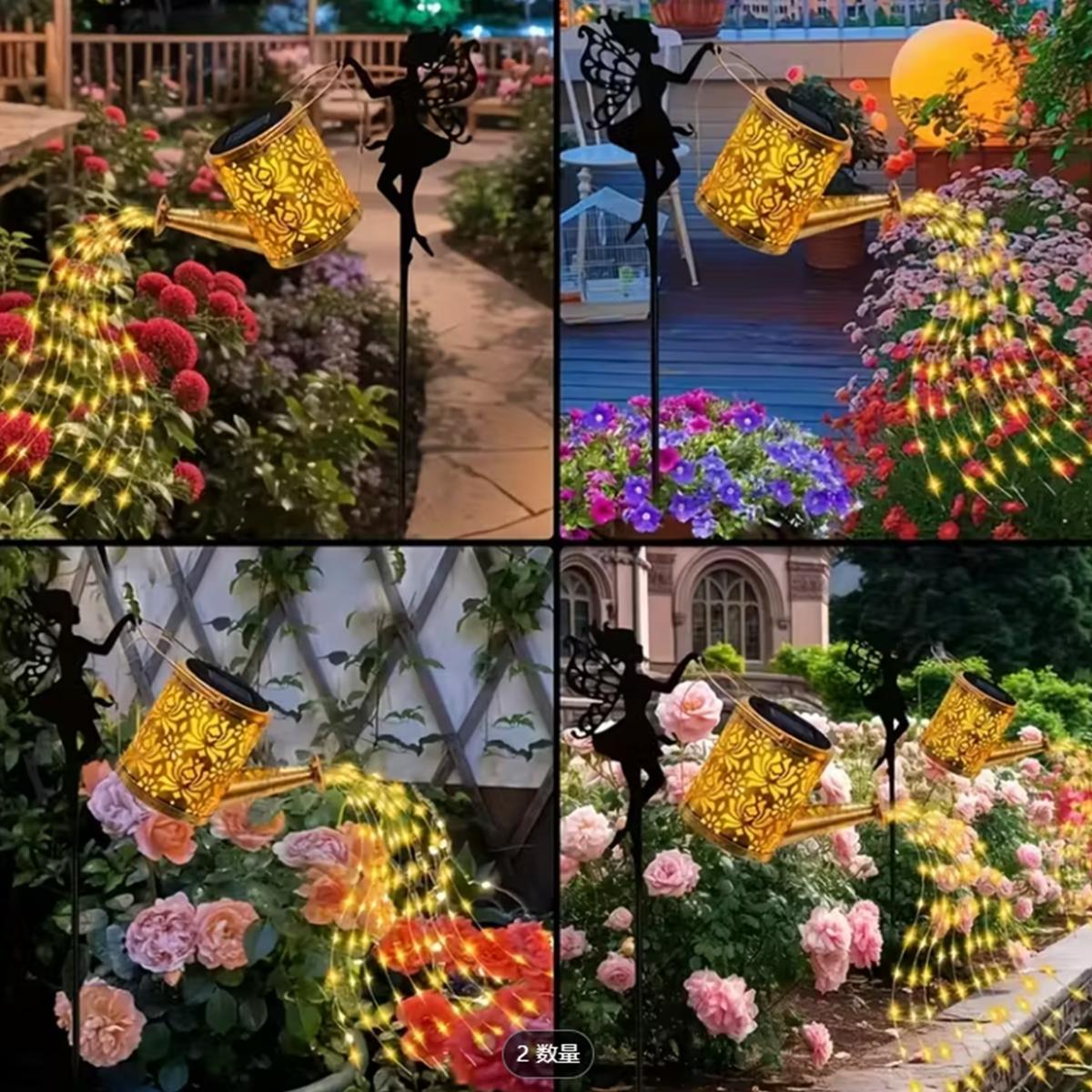 1 set of solar powered watering kettles, Flower Fairy, luminous watering kettle, induction switch, metal and iron art