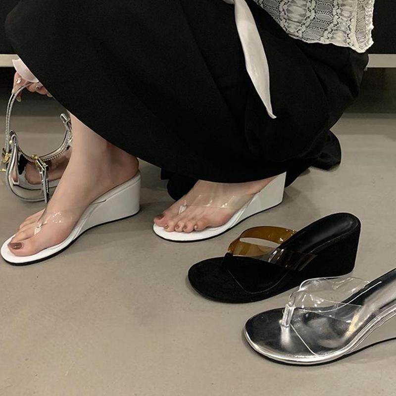 Fashion Liyke Summer Wedges High Heels Flip Flops Women Slippers Pinch PVC Transparent Strap Designer Slides Shoes Sandal Female Mules
