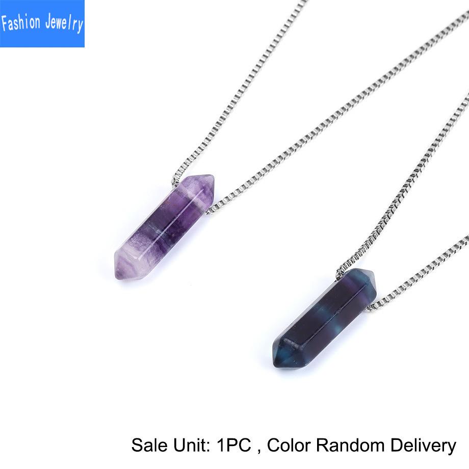 Natural crystal colorful fluorite double pointed column pendant necklace women's stainless steel clavicle chain