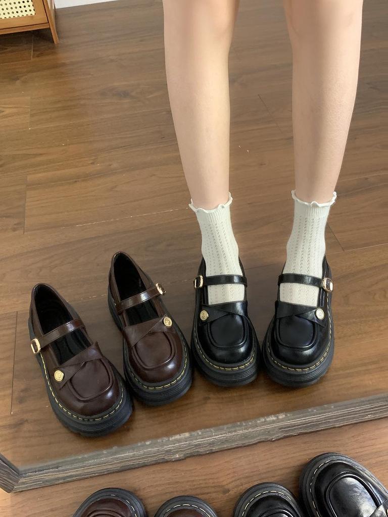 Dames Lente 2025 Zwarte Mary Jane Leren Schoenen - Ronde Neus, Dikke Zool, JK Stijl