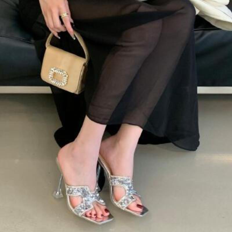 High heels new fairy style fashion with diamond large size thin heel rhinestone bow summer women's slippers