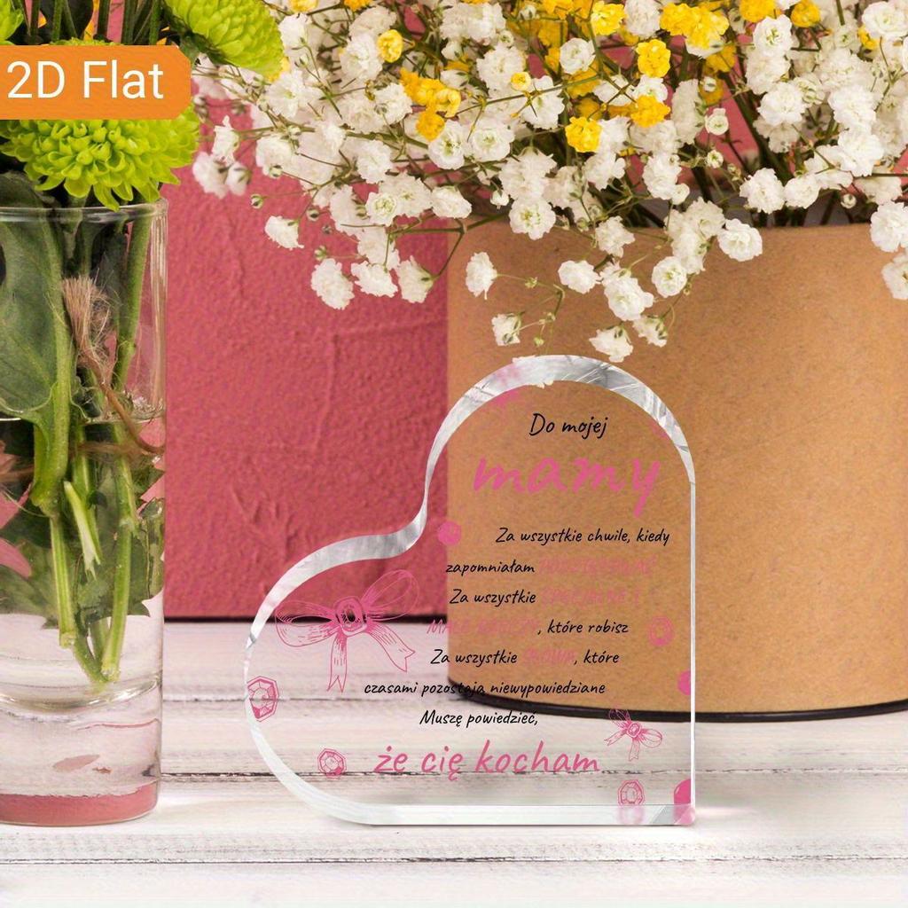 Heart-Shaped Acrylic Plaque for Mom - Polish & English Mother's Day Gift with Floral Butterfly Design, Birthday Thank You Present, Classic Tabletop D