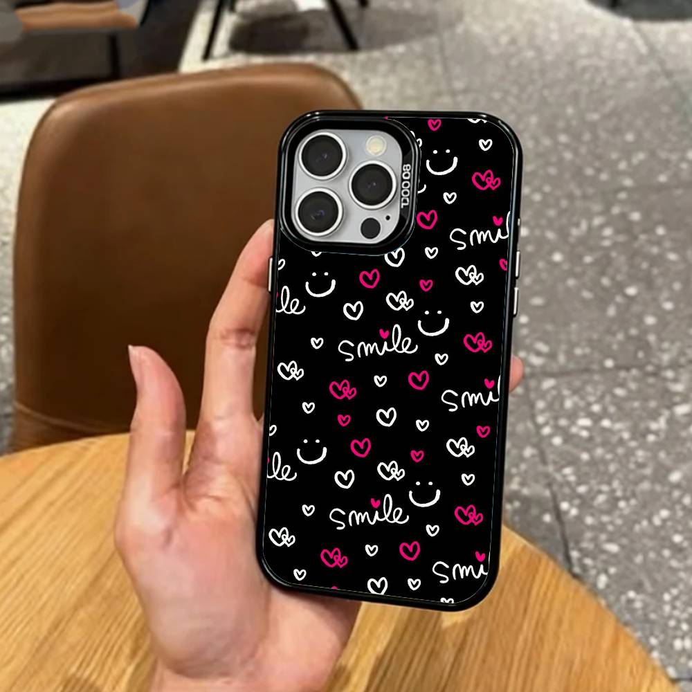 C-Cute P-Pink Love Heart   Phone Case For iPhone17,16,15,14,13,12,11 Plus,Pro Max Colored Silver Plated Inside Cover