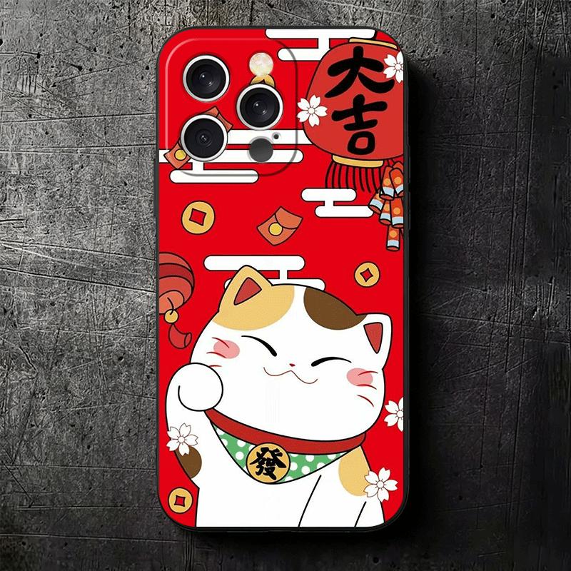 Lucky Cat Maneki Neko Japanese Soft Phone Case for iPhone 16 16E 17 Air 15 Pro Max 14 Plus 13 Mini 11 12 7 Black Cover Back Shel