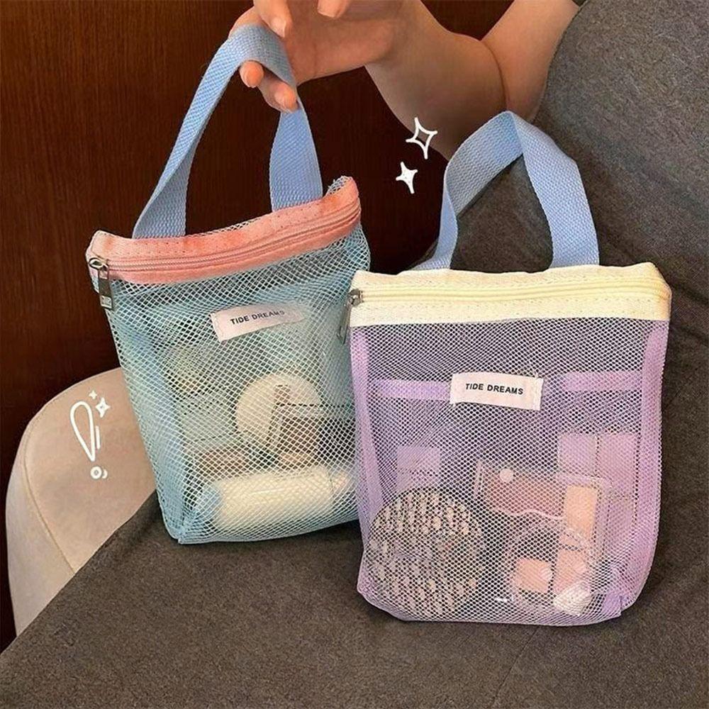 Portable Mesh Toiletry Bag Transparent Makeup Bag Dopamine Beach Bag