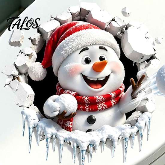 Christmas Party Toilet Accessory Cracked Lid Stickers, Cute Snowman Breaking Through Wall Design Waterproof Seat Art Cover Decals, PVC Bathroom
