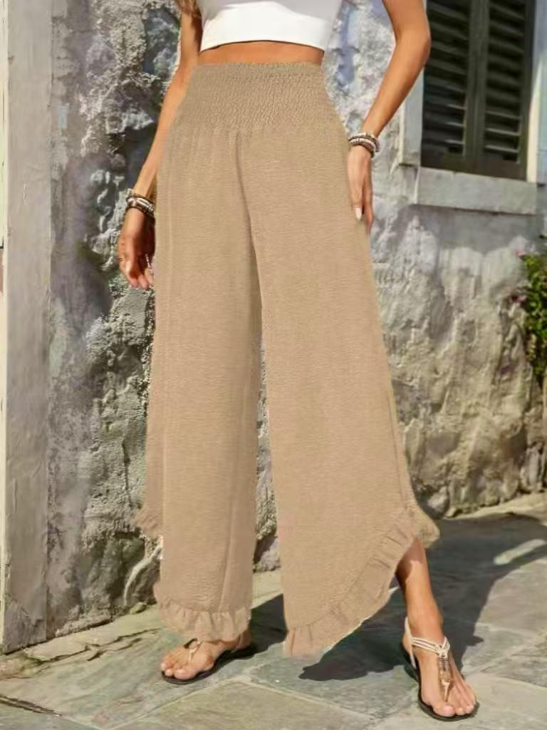 

2025 Women s European & American Loose Wide-Leg Pants with Irregular Ruffled Hem and Micro-Flare for Casual or Vacation Wear Small хакі