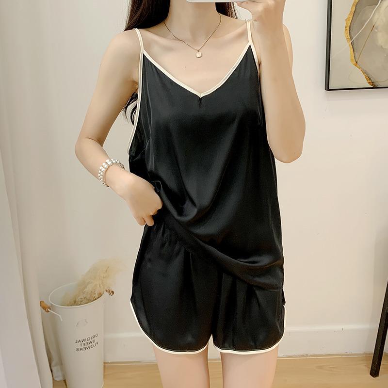 

Женский летний пижамный комплект из ледяного шелка - Сексуальный, свободный топ-майка и шорты для повседневной или уличной носки L (Recommended 110-150 jin)