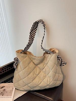 Autumn/Winter Argyle Large Capacity Cotton-Padded Shoulder Bag - Women's Casual Versatile Tote