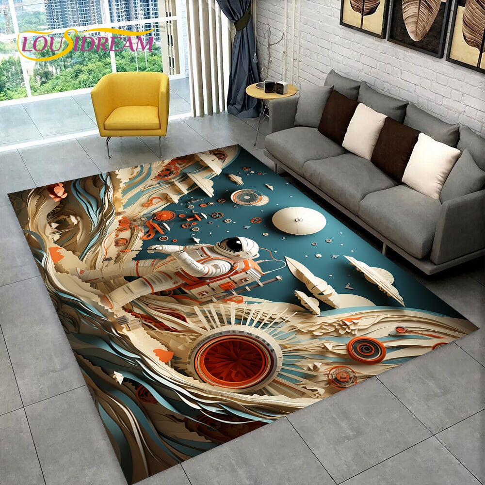 Astronaut Traum Universum Raumfahrer 3D Weltraum Cartoon Teppich für Wohnzimmer Schlafzimmer Dekoration, Rutschfest für Sofa Fußmatte Kinder