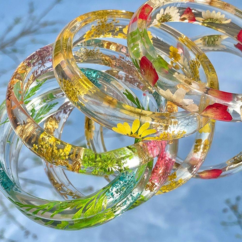 Resin Acrylic Bangle Bohemian Big Cuff Bangle Unique Natural Dried Flower Bracelet  Girls