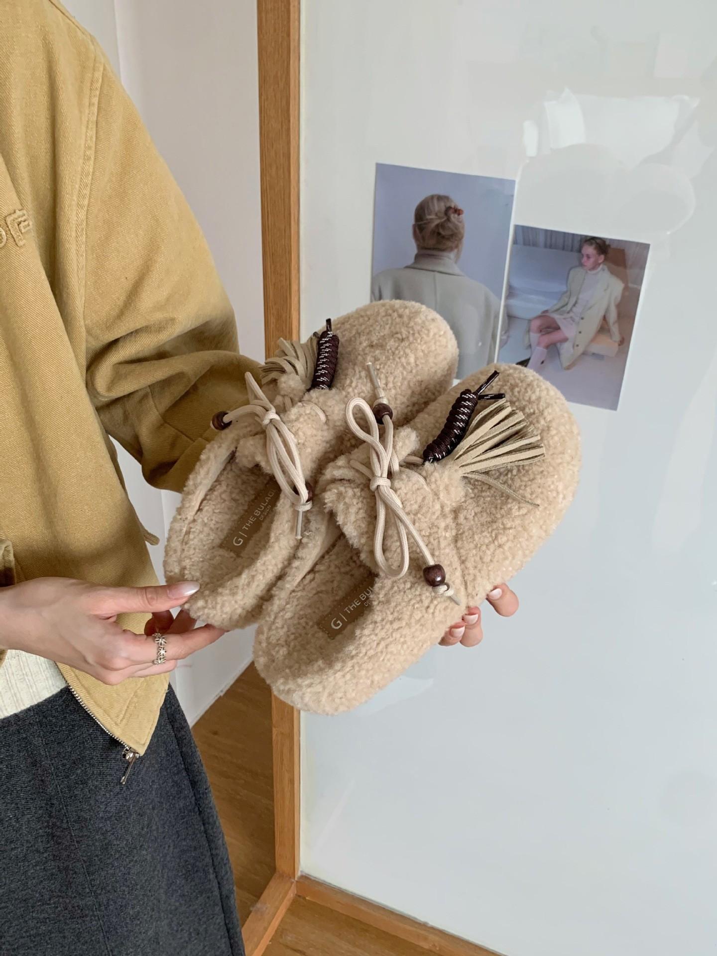 

Tassel beaded bag head half slippers women s 2025 outer wear thick-soled one-pedal cotton shoes versatile lazy fluffy shoes tide 39