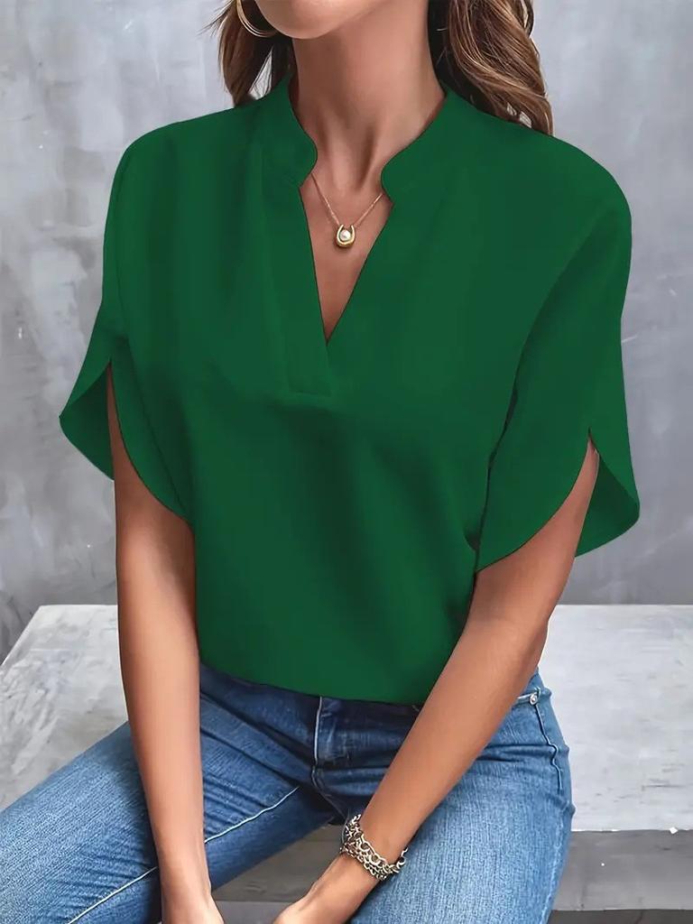 Spring And Summer V-neck Solid Color Casual Versatile Short-sleeved Pullover Shirt