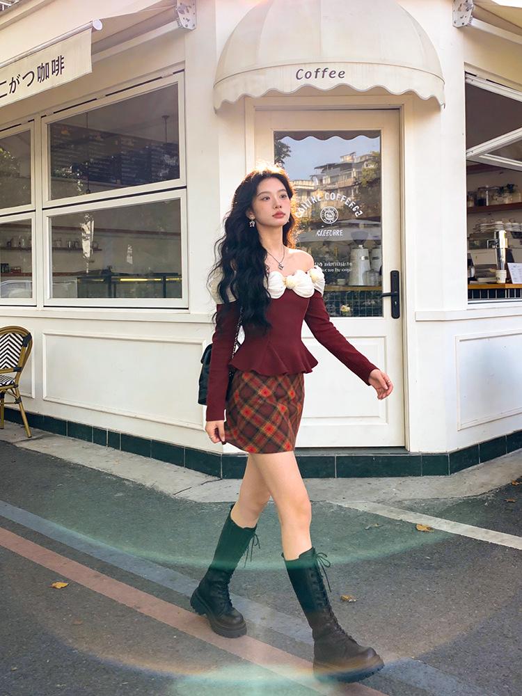 Fei Yuan Plaid Belted Red Skirt - Festive Autumn/Winter Style
