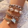 5pcs Set Temperament Baroque Imitation Pearl Shiny Square Rhinestone Chain Heart Shape Pendant Bracelet for Women Jewelry Sets