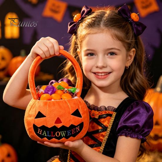 Halloween Süßigkeitentasche Kürbis Leckerchentasche, Tragbare Tasche für Kinder, Plüsch Tasche mit Großer Kapazität für Süßes oder Saures mit Weichem Griff, Party Mitgebsel Geschenk Dekoration