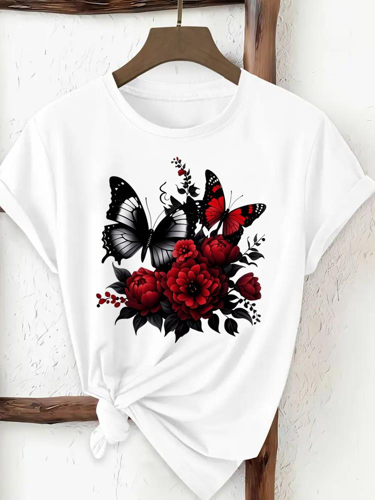 (Asian Size) butterfly lovely trend Clothing T Shirt Print Female Woman Women Fashion Tee Top Short Sleeve Graphic T-shirts