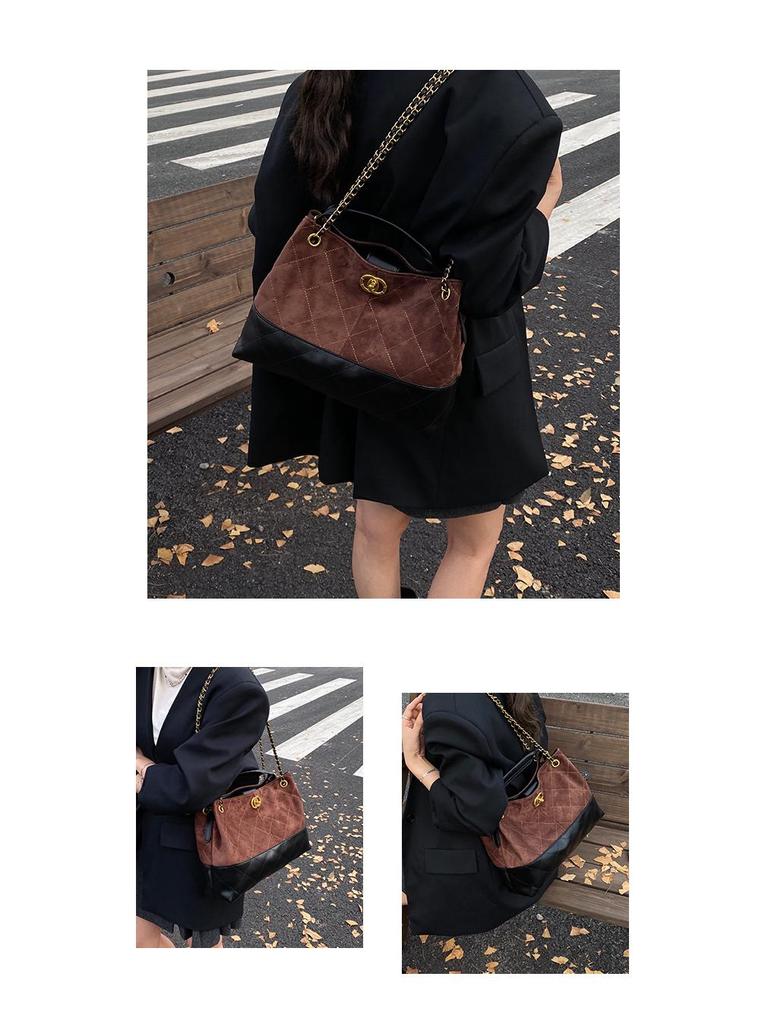 Vintage Suede Tote with Diamond Chain - Large Capacity, Small Fragrance Style, Frosted Finish