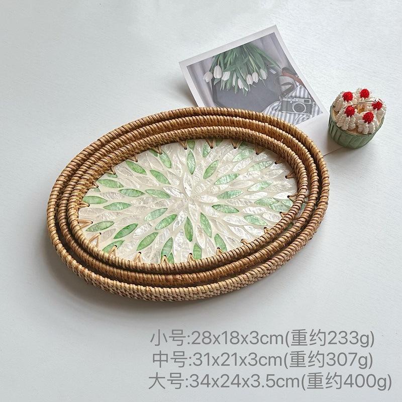 3Pcs Vintage Oval Handmade Rattan Woven Tray Nordic Natural Colorful Shells Weaving Fruit Storage Basket Breakfast Serving Trays
