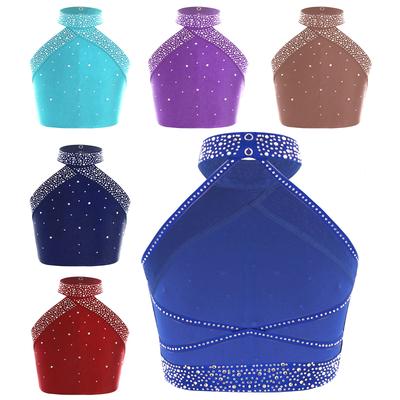 Girls Sparkly Dance Top Halter Neck Sleeveless Backless Cross Strap Rhinestone Vest for Performances