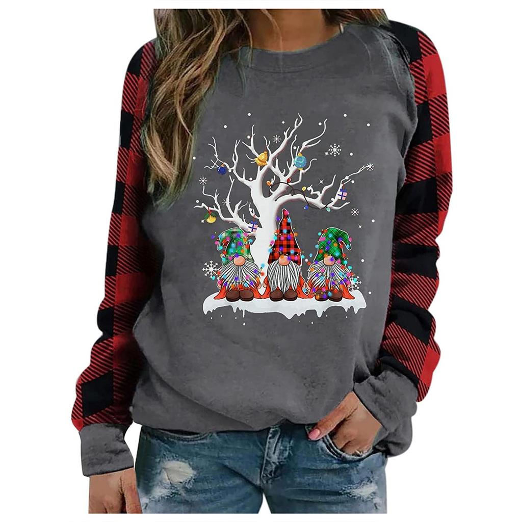 Damenmode Plaid Patchwork Weihnachtsdruck Rundhals Langarm T-Shirt Top
