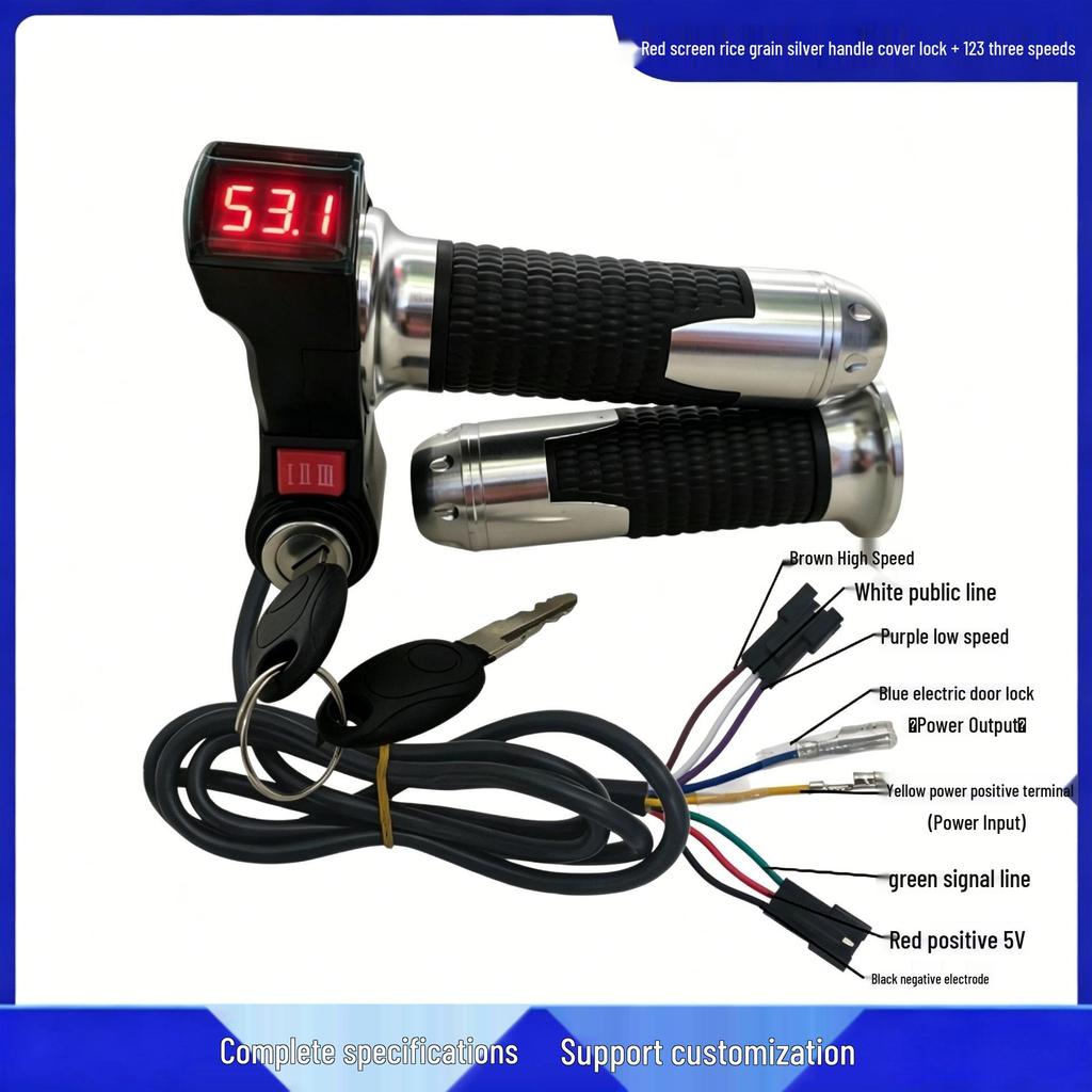 Red Screen Rice Grain Throttle Grip with 23 Voltage Display & Three-Speed Settings (I, II, III) for Electric Vehicles