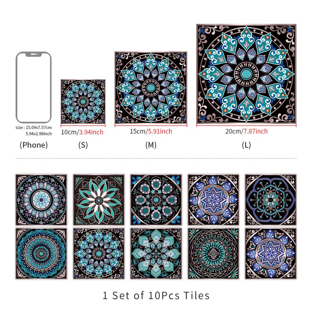 10 Pieces Of Mandala Flower Brick Self-Adhesive Wall Sticker Waterproof Oil-Proof Kitchen Living Room Wall Decoration European Crystal Tile Sticker