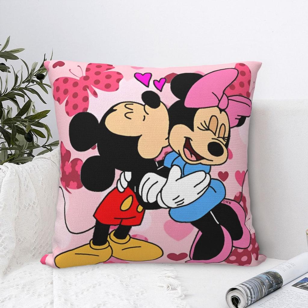 Kawaii Mickey Minnie Paar Kissenbezug, bedruckt, Polyester, Kissenbezug, Dekokissenbezug, Sitzkissenbezug, Reißverschluss, 40 x 40 cm