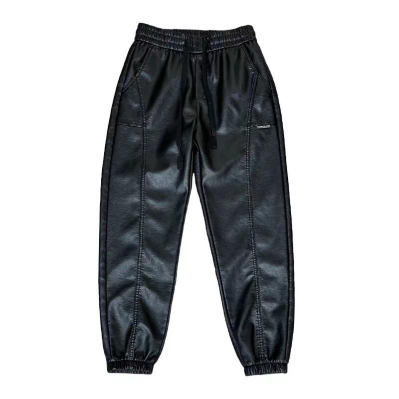 Men's Plush Thickened Leather Motorcycle Pants - Windproof, Warm, Casual Leggings for Autumn and Winter