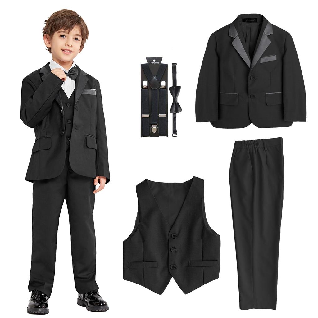 LOLANTA Boys' Formal 5-Piece Suit Set, Solid Color Tuxedo with Suspenders, Perfect for Kindergarten Entrance Ceremonies, Graduations, Weddings, Recita