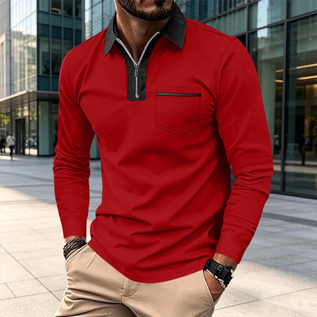 Men's Long Sleeve Shirt Slim Fit Color Block with Pocket