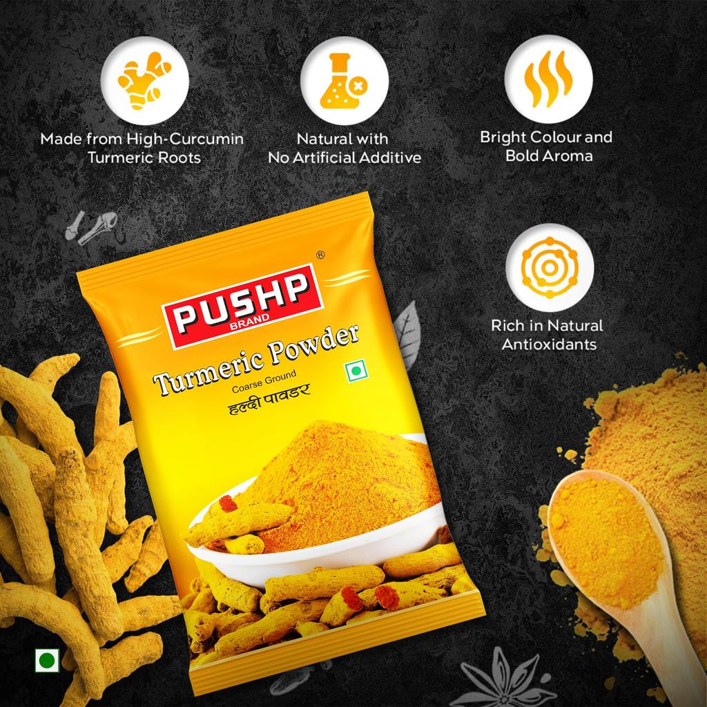 Pushp Turmeric Powder Natural Culinary Spice For Authentic Indian Cooking Rich Yellow Color Pure 100g Pack Of 10 For Kitchen