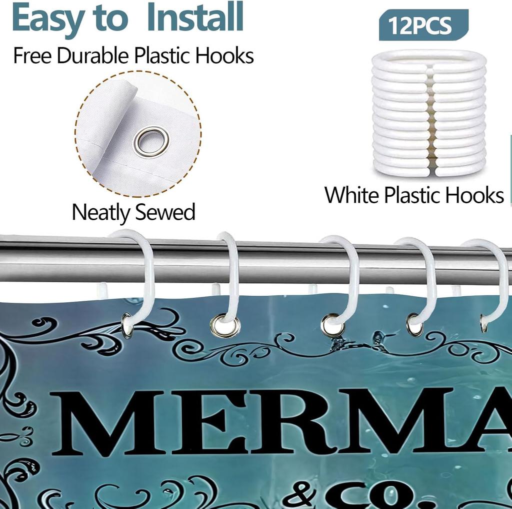 Ocean Shower Curtain Mermaid Bathroom Curtains 60Wx72L Inch Teal Blue Funny Wash Your Tail Bathtub Bubbles Sea Bath Soap Vintage