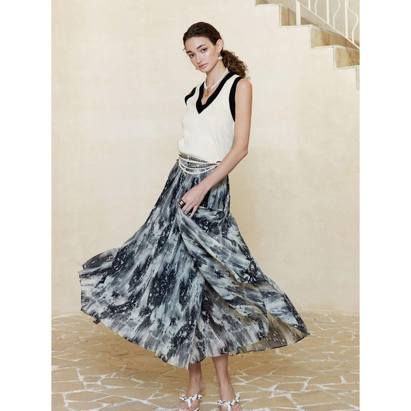 

Blacknini Yin Huafu/Six-Meter Pleated Loose One-Piece Mulberry Silk Vintage Pleated Skirt Printed XS