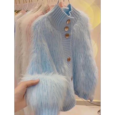 Maglione in Maglia Stile Pigro Donna Autunno Collo Alto Cardigan in Finta Pelliccia di Visone Moda Coreana