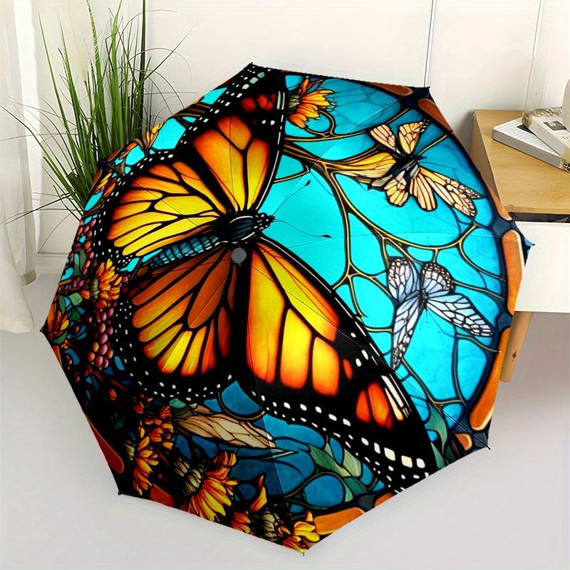 

Monarch Butterfly Stained Glass Wall Art Decor Umbrella, Cute Umbrella with Cute Design, Portable 3-Fold Compact Umbrella for Men & Women, Valentine s