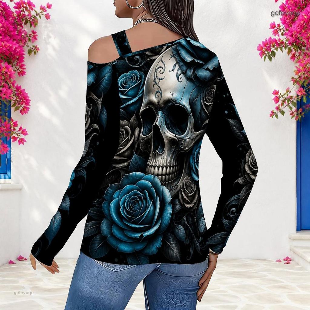 Women Plus Size Asymmetric Cutout Neck Cold Shoulder Long Sleeve Fitted Eagle Printed Top
