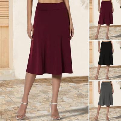 Women's Knee Length Skirt Summer Casual High Waisted Flared A-Line Skirt Stretchy Simple Foldover Midi Skirt