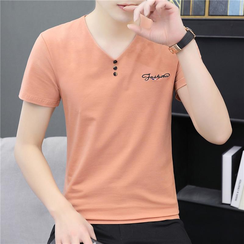 

Летняя футболка из тонкого ледяного шелка с короткими рукавами, мужская летняя повседневная футболка с половиной рукавов и v-образным вырезом M оранжевый