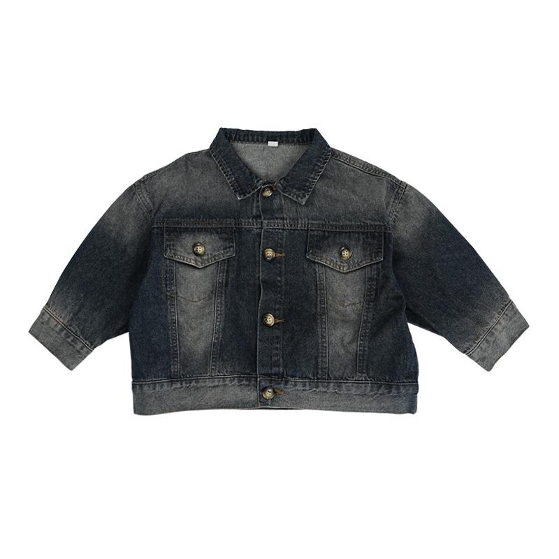 Spring Unisex Kids Retro Washed Denim Jacket - Versatile Casual Top 130cm