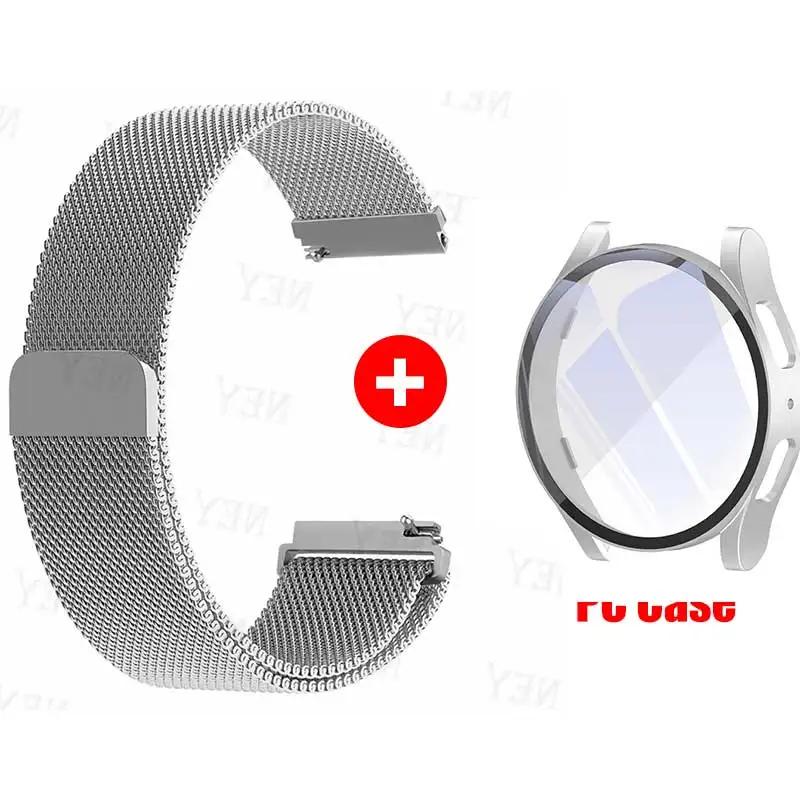 Glass Case+Strap for Samsung Galaxy Watch 7 6 5 4 40mm 44mm Milanese Loop 20MM Band PC Protector Cover Bumper Galaxy Watch 6 5 4