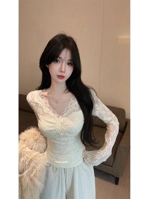 Chic V-Neck Lace Top: Elegant Innerwear & Outerwear for Spring & Autumn